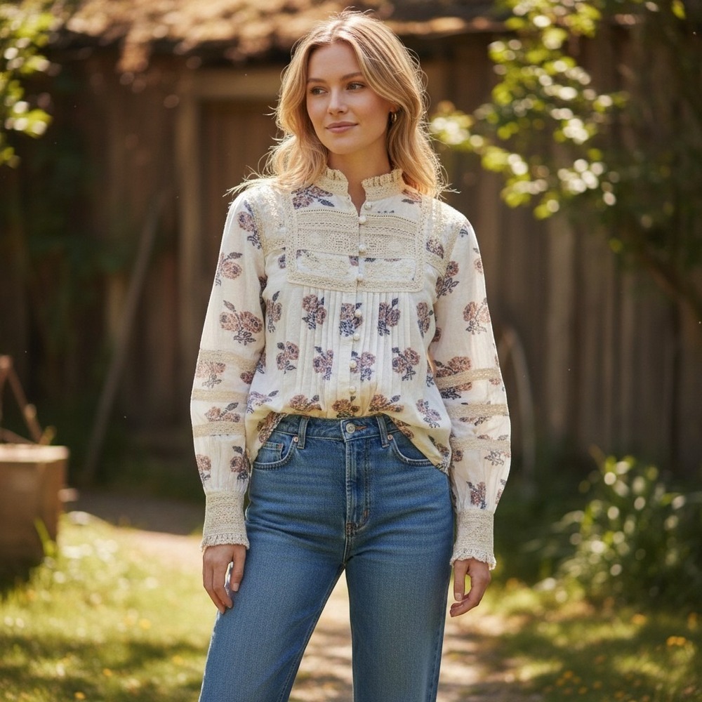 Sundance "Torrey Blooms" Top Long Sleeve Peasant Blouse XL romantic lace regency